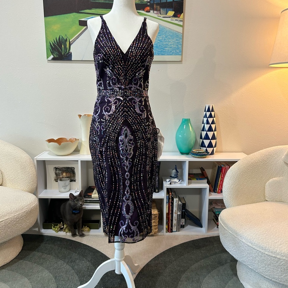 Dress the Population Purple Sequin Midi Dress